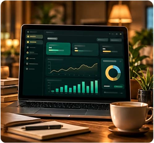 Ilustrasi dashboard manajemen berisi grafik di laptop