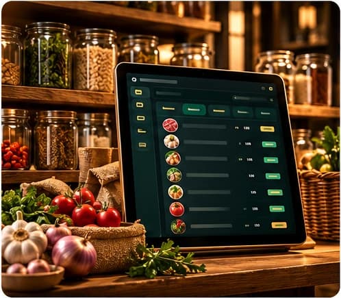 Ilustrasi tablet inventaris di depan rak toples bahan makanan