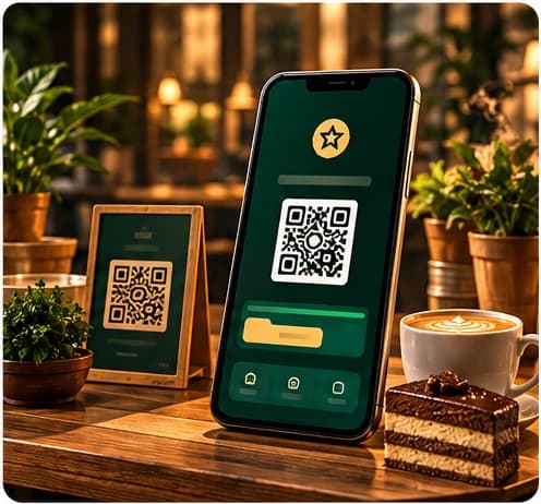 Ilustrasi aplikasi loyalitas dengan kode QR di smartphone di meja kafe