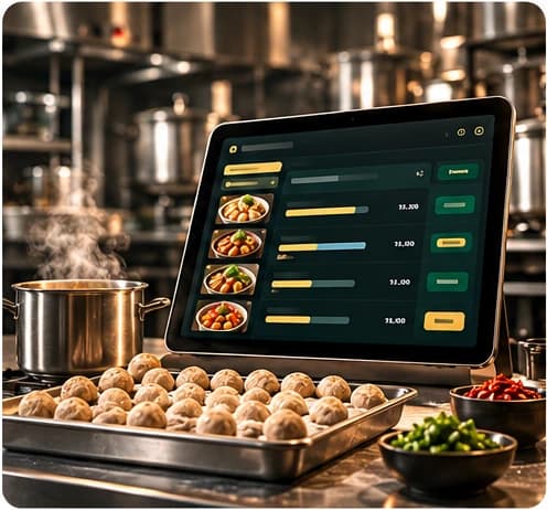 Ilustrasi tablet perencanaan produksi di dapur dengan nampan berisi bakso
