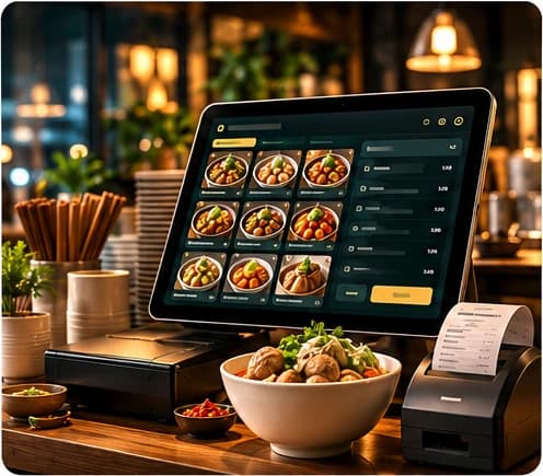 Ilustrasi tablet kasir dan printer struk di meja kasir restoran